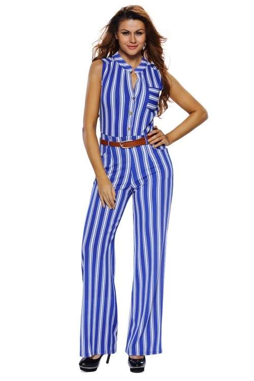 *DIVA RANGE* Blue Stripes Button Front Belted Jumpsuit