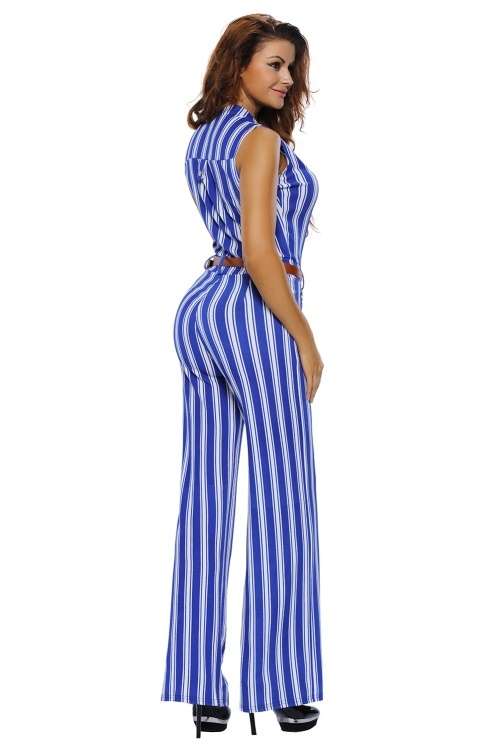 *DIVA RANGE* Blue Stripes Button Front Belted Jumpsuit