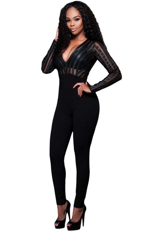 *DIVA RANGE* Black Mesh Faux Leather Stripes Jumpsuit
