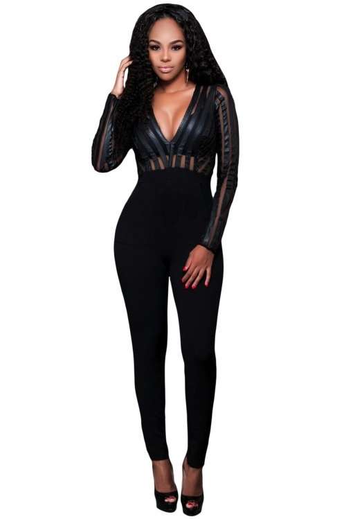*DIVA RANGE* Black Mesh Faux Leather Stripes Jumpsuit