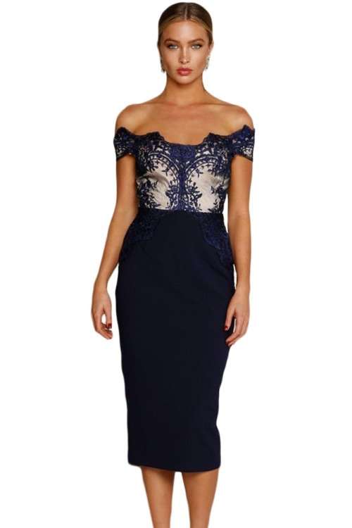 *WILD ROSE* Navy Blue Lace Applique Off Shoulder Midi Dress - S/M