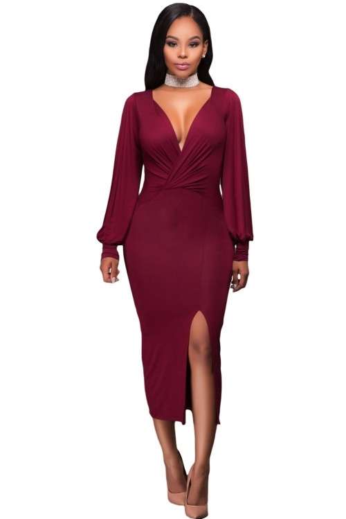 *DIVA RANGE* Maroon V Neck Ruched Bodice Slit Sleeves Midi Dress