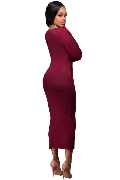 *DIVA RANGE* Maroon V Neck Ruched Bodice Slit Sleeves Midi Dress