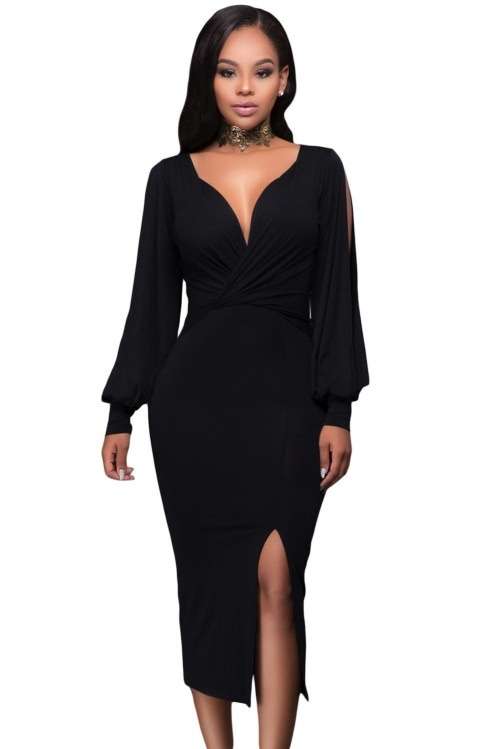 *DIVA RANGE* Black V Neck Ruched Bodice Slit Sleeves Midi Dress