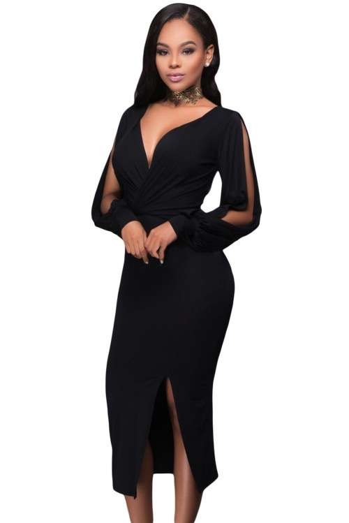 *DIVA RANGE* Black V Neck Ruched Bodice Slit Sleeves Midi Dress