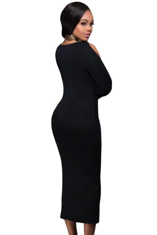 *DIVA RANGE* Black V Neck Ruched Bodice Slit Sleeves Midi Dress