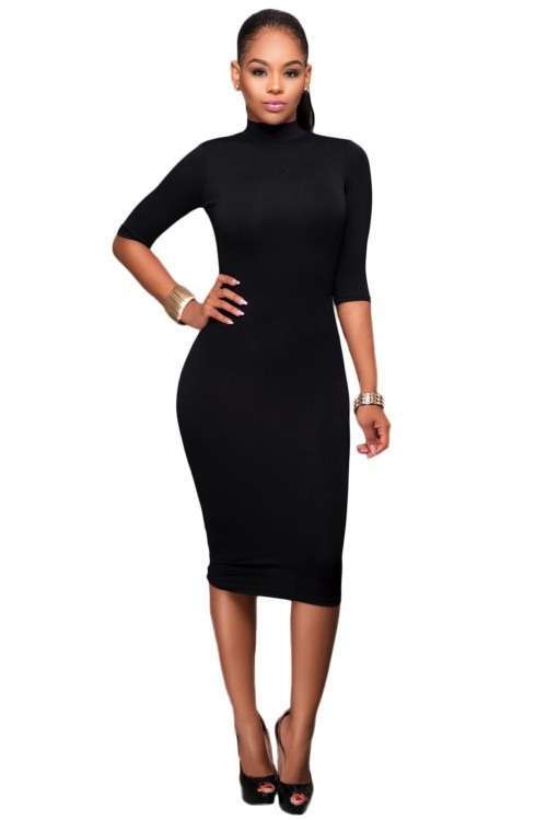 *WILD ROSE* Black Bodycon Half Sleeve Midi Dress - S/M/L