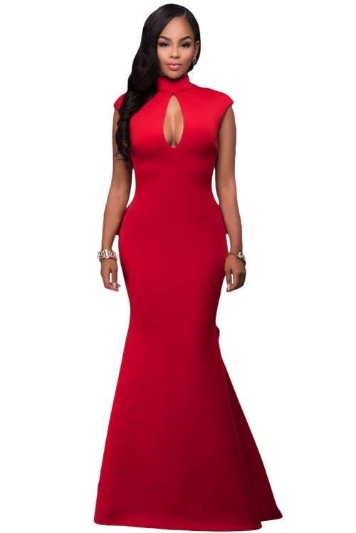 *WILD ROSE* Red High Neck Ruffle Back Ponti Gown - M/L