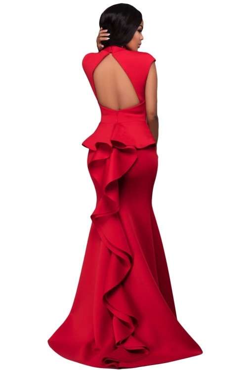 *WILD ROSE* Red High Neck Ruffle Back Ponti Gown - M/L