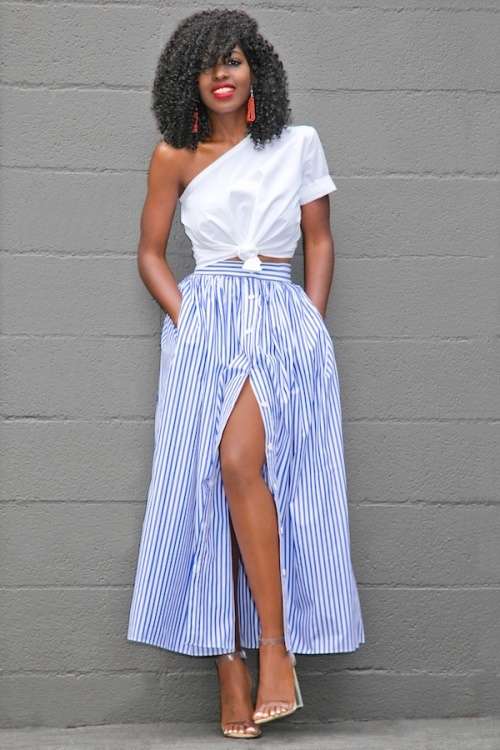 *WILD ROSE* Blue White Stripes Button Front Maxi Skirt - M/L