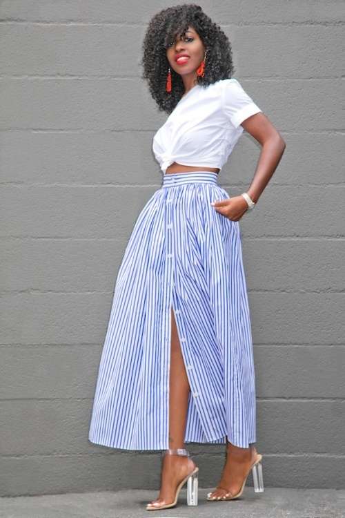 *WILD ROSE* Blue White Stripes Button Front Maxi Skirt - M/L