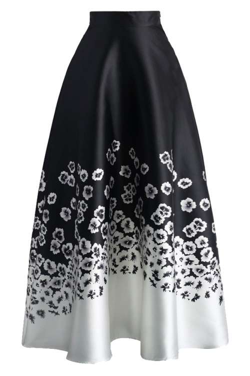*WILD ROSE* Monochrome Floral Print High Waist Maxi Skirt - S/M/L