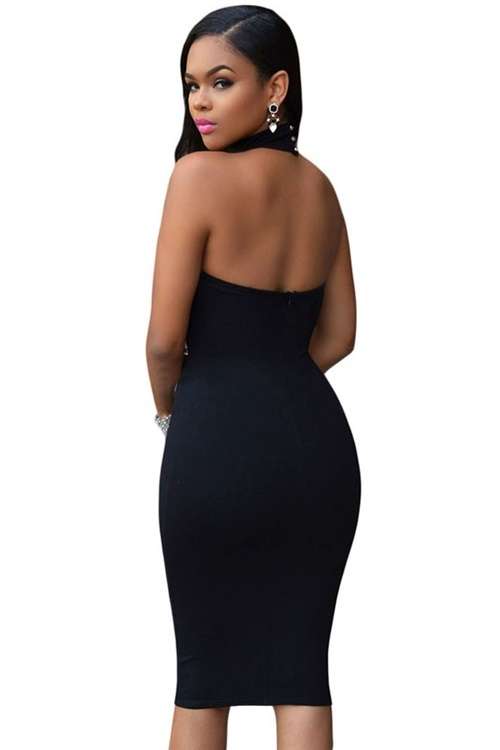 *WILD ROSE* Black Jeweled Waist Halter Dress - S/M/L