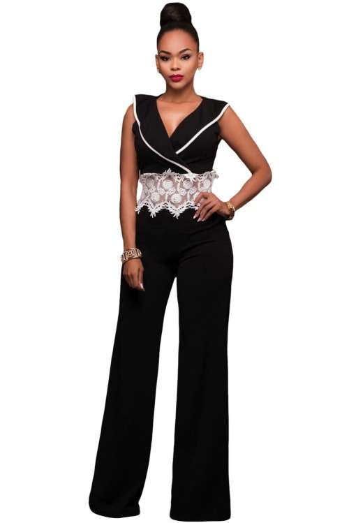 *WILD ROSE* Contrast Lace Waist Insert Black Wide Leg Jumpsuit - S/M