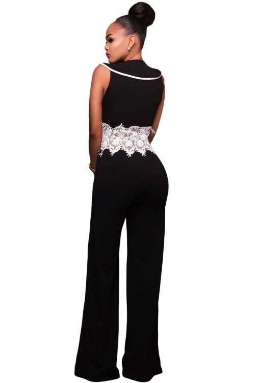 *WILD ROSE* Contrast Lace Waist Insert Black Wide Leg Jumpsuit - S/M