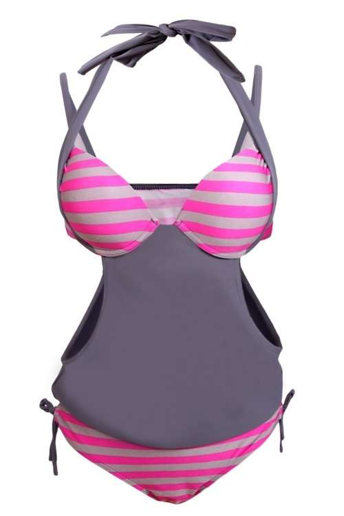 *WILD ROSE* 2pcs Solid Grey Splice Striped Halter Tankini Swimsuit - S/M/L/XL/XXL