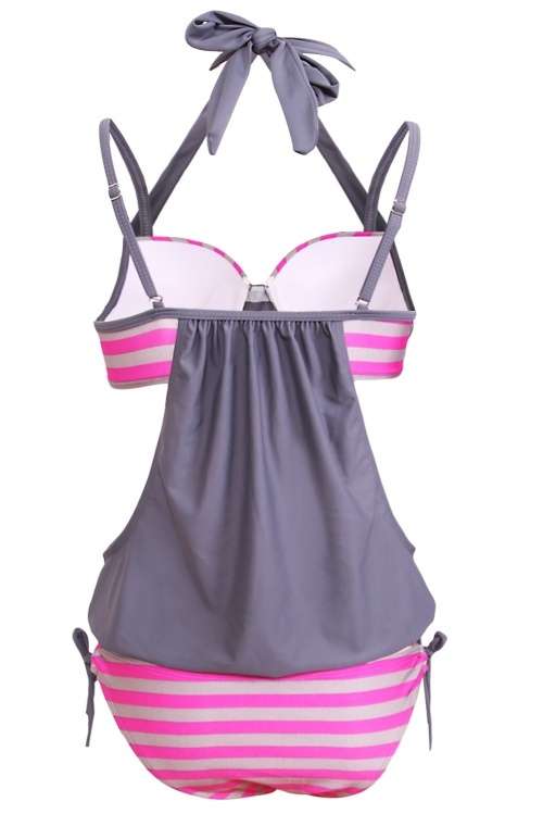 *WILD ROSE* 2pcs Solid Grey Splice Striped Halter Tankini Swimsuit - S/M/L/XL/XXL