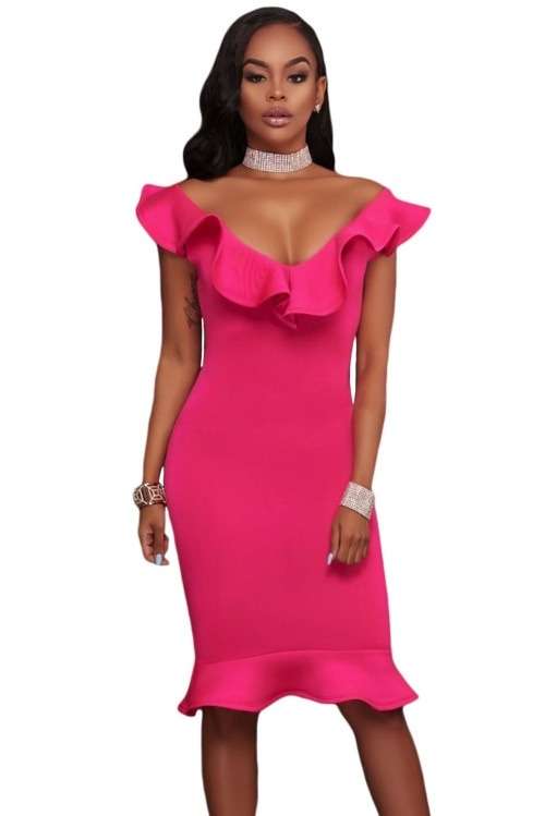 *WILD ROSE* Rose Pink Ruffle Neckline Mermaid Hem Midi Dress - S/M/L