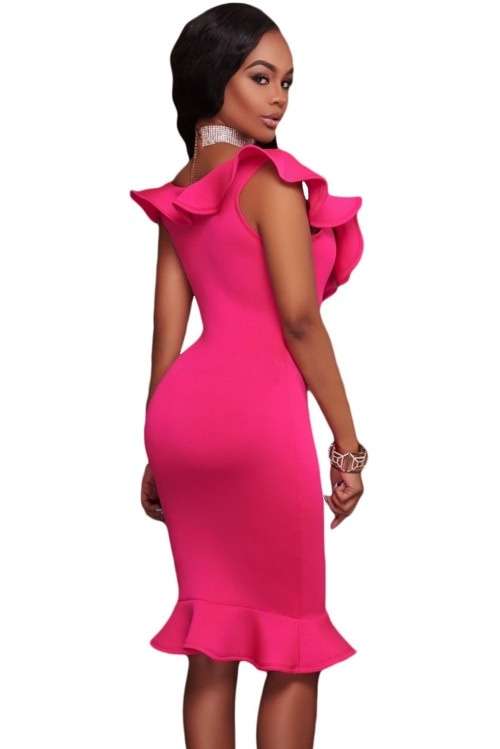 *WILD ROSE* Rose Pink Ruffle Neckline Mermaid Hem Midi Dress - S/M/L