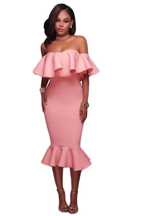 *WILD ROSE* Pink Ruffle Off Shoulder Mermaid Midi Party Dress - S/M/L/XL