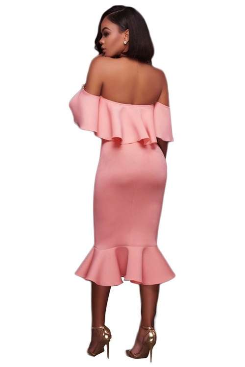 *WILD ROSE* Pink Ruffle Off Shoulder Mermaid Midi Party Dress - S/M/L/XL