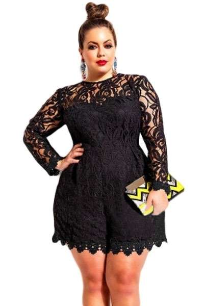*WILD ROSE* Black Plus Size Long Sleeve Lace Romper - 3XL