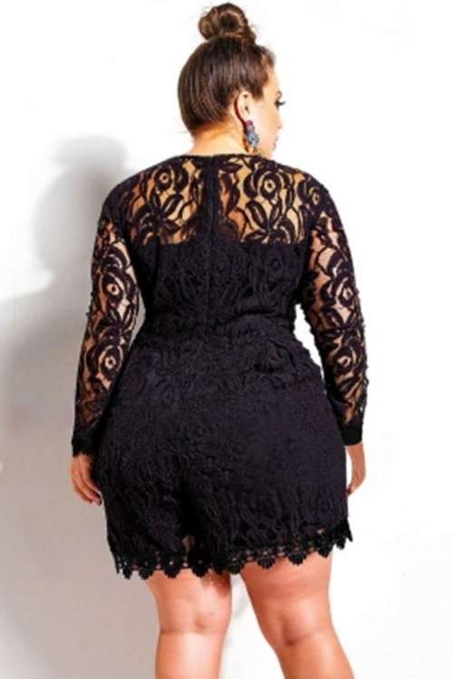 *WILD ROSE* Black Plus Size Long Sleeve Lace Romper - 3XL