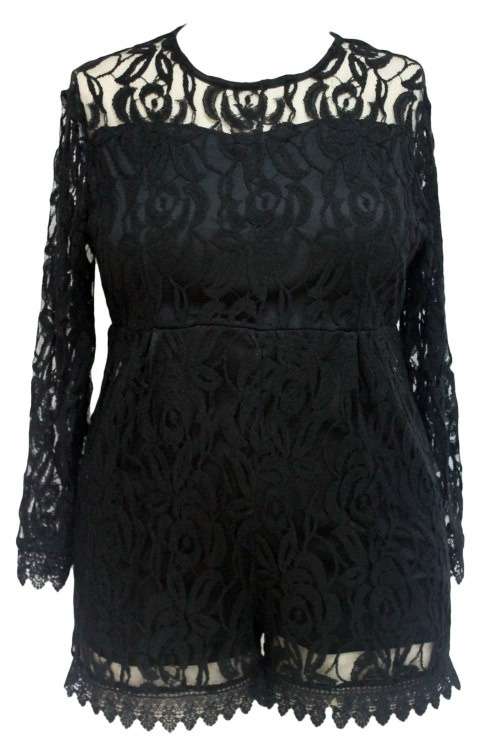 *WILD ROSE* Black Plus Size Long Sleeve Lace Romper - 3XL