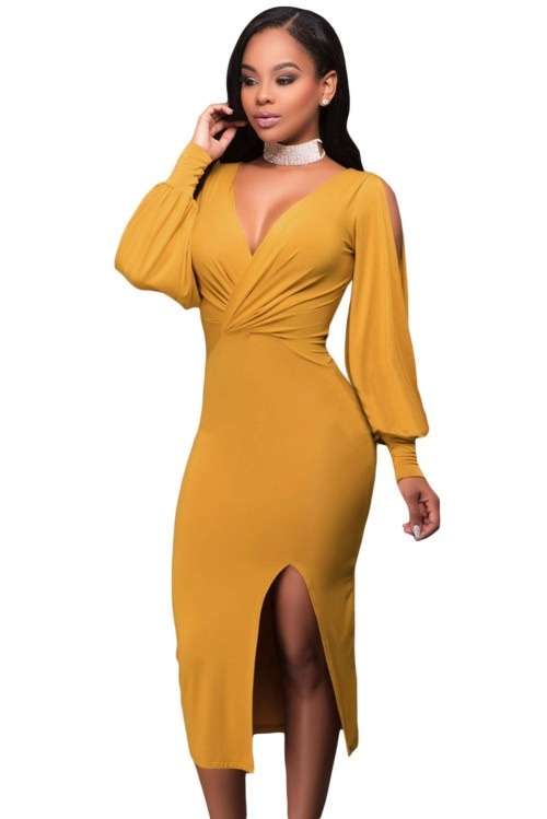 *DIVA RANGE* Mustard V Neck Ruched Bodice Slit Sleeves Midi Dress