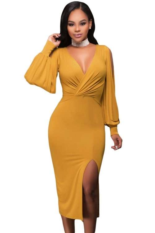 *DIVA RANGE* Mustard V Neck Ruched Bodice Slit Sleeves Midi Dress