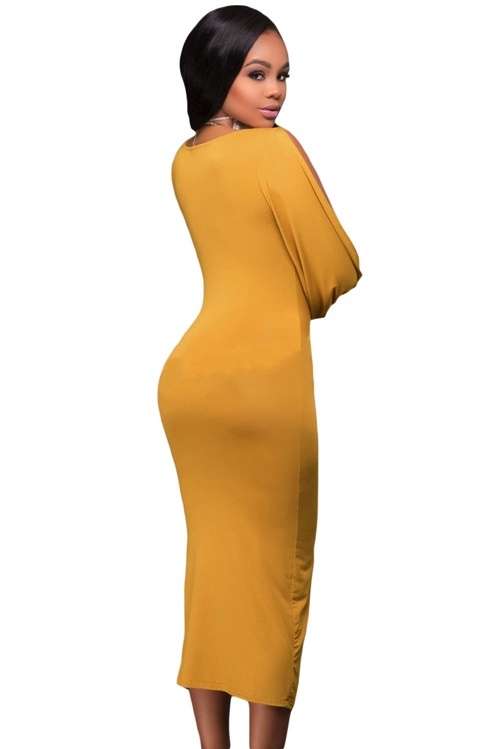 *DIVA RANGE* Mustard V Neck Ruched Bodice Slit Sleeves Midi Dress