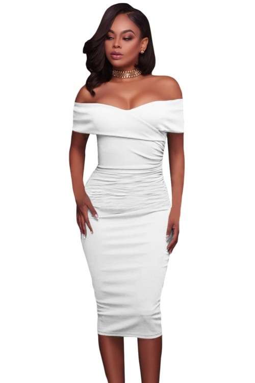 *WILD ROSE* White Ruched Off Shoulder Bodycon Midi Dress - S/M/L/XL