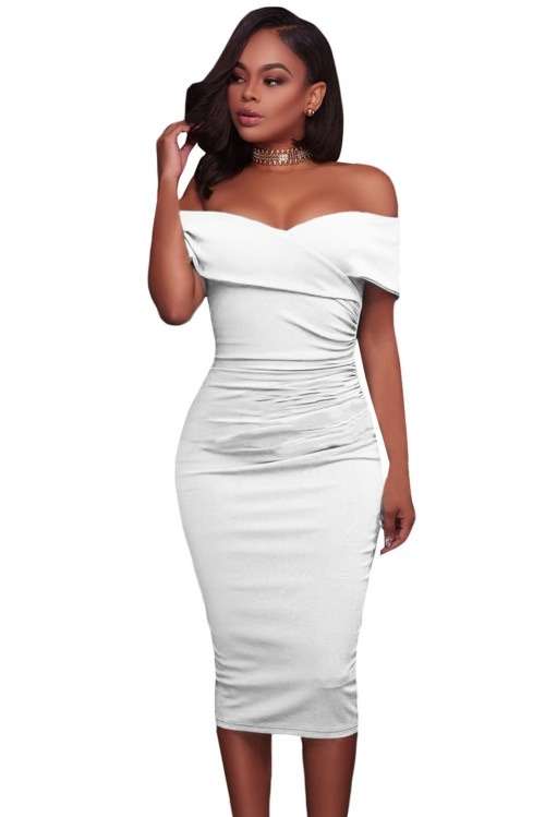 *WILD ROSE* White Ruched Off Shoulder Bodycon Midi Dress - S/M/L/XL