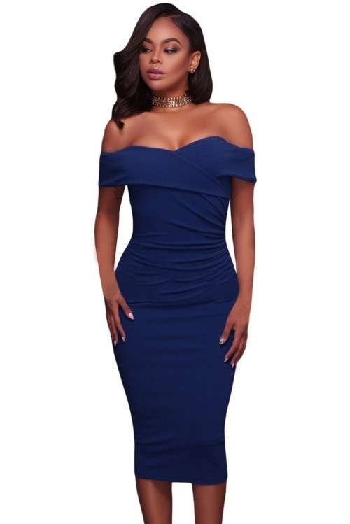 *WILD ROSE* Royal Blue Ruched Off Shoulder Bodycon Midi Dress - S/M/L/XL
