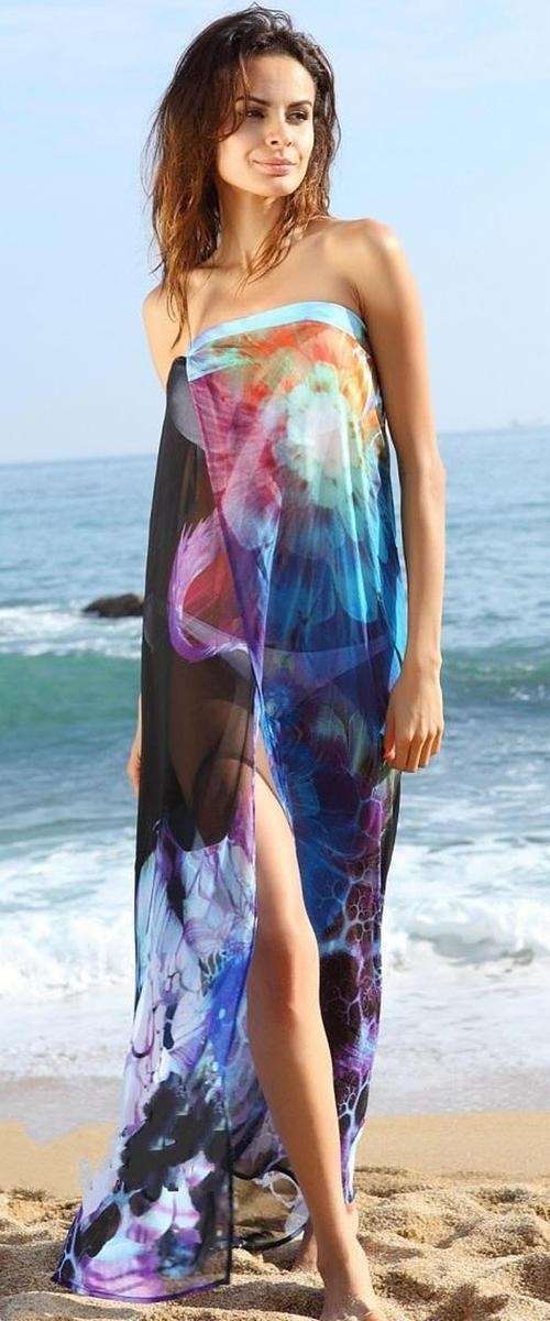 *WILD ROSE* Blue Floral Print Chiffon Beach Cover-up - One Size