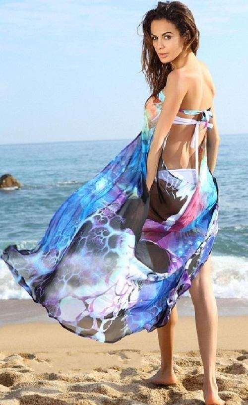 *WILD ROSE* Blue Floral Print Chiffon Beach Cover-up - One Size