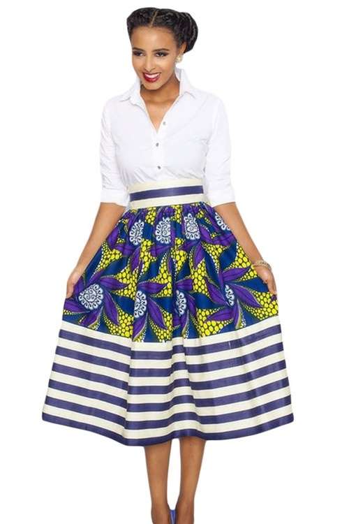 *DIVA RANGE* Vintage High Waist Floral Stripe A-lined Midi Skirt