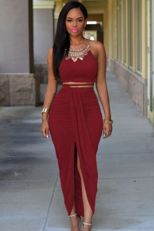 *DIVA RANGE* Date Red Cotton Two Piece Maxi Skirt Set