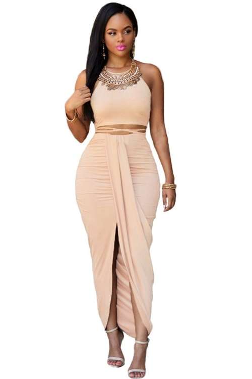 *DIVA RANGE* Khaki Faux Suede Two Piece Maxi Skirt Set