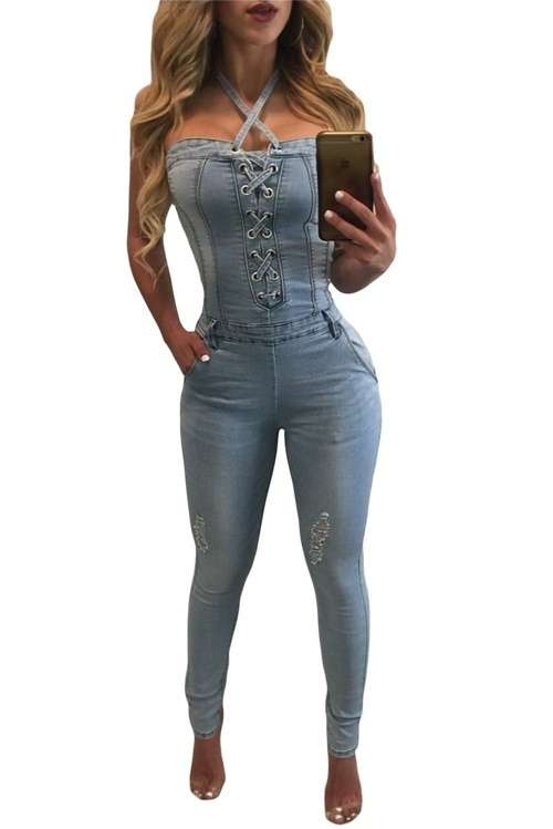 *DIVA RANGE* Light Blue Lace Up Front Halter Denim Jumpsuit