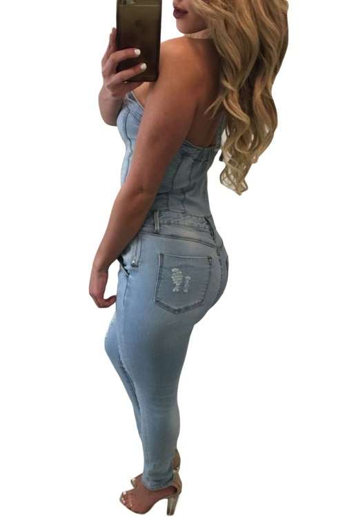 *DIVA RANGE* Light Blue Lace Up Front Halter Denim Jumpsuit