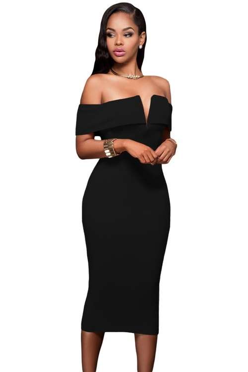 *WILD ROSE* Black Off-the-shoulder Midi Dress - S/M/L/2XL