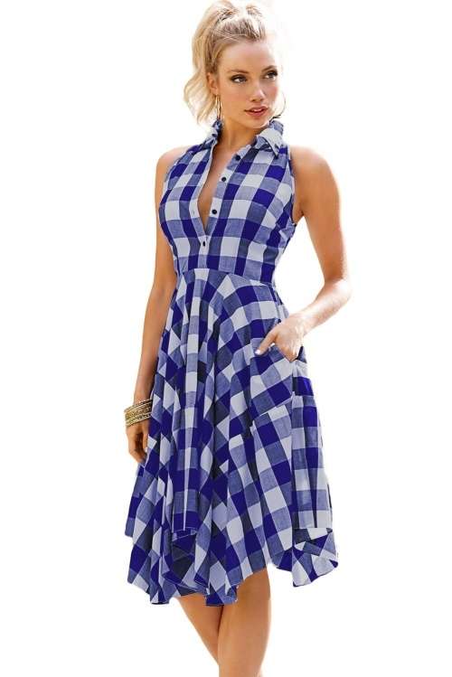 *WILD ROSE* Blue White Denim Checks Flared Shirtdress - S/XL/XXL