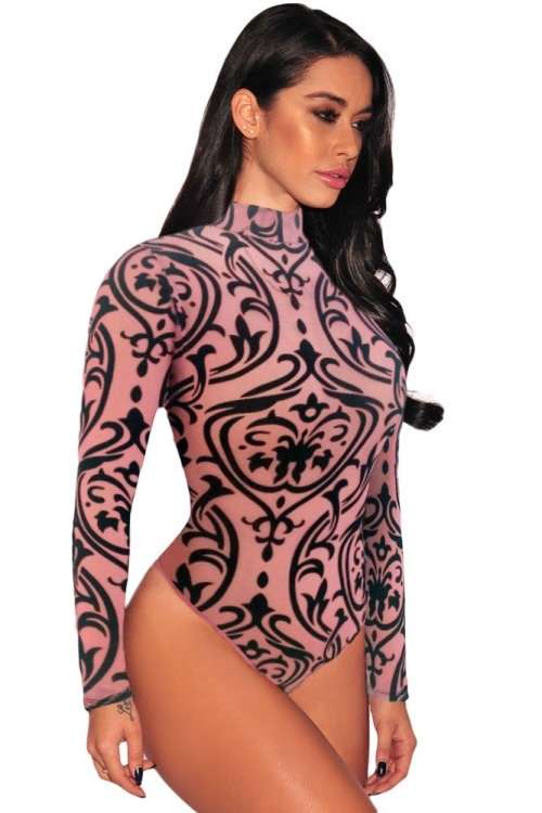 *WILD ROSE* Sexy Sheer Mesh Print Long Sleeves Bodysuit -S/M/L