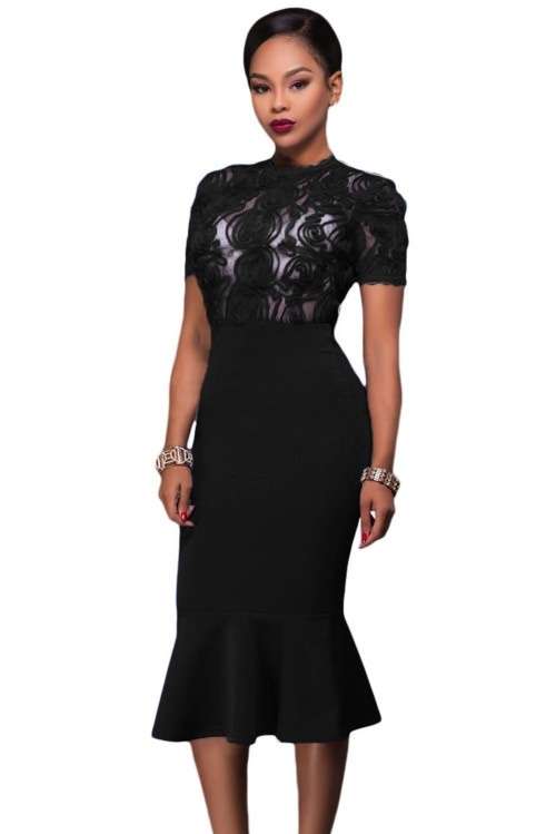 *WILD ROSE* Black Sheer Lace Top Bodycon Midi Dress - S/M/L