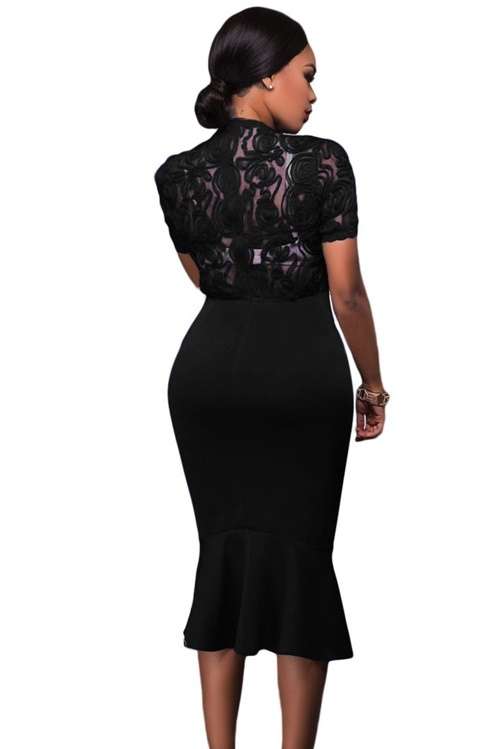 *WILD ROSE* Black Sheer Lace Top Bodycon Midi Dress - S/M/L