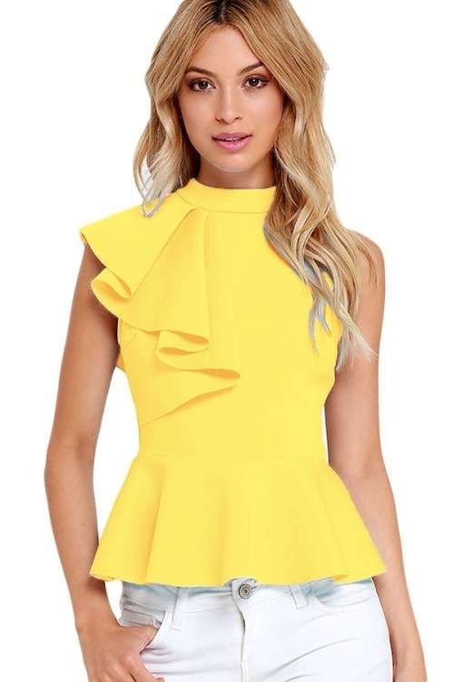 *WILD ROSE* Yellow Asymmetric Ruffle Side Peplum Top - S/M/L