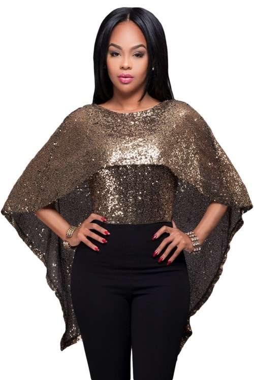 *WILD ROSE* Black Gold Sequins Cape Top - S/M/L