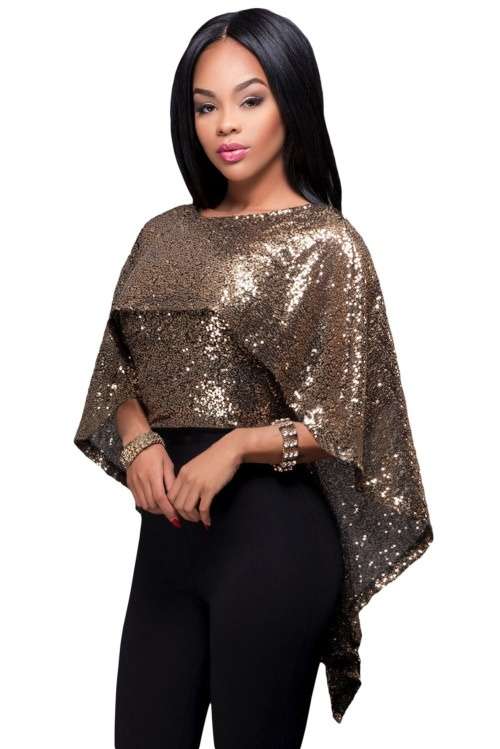 *WILD ROSE* Black Gold Sequins Cape Top - S/M/L
