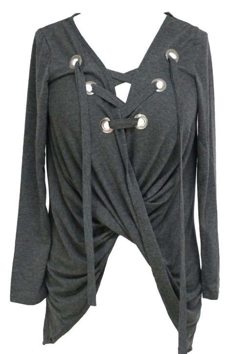 *WILD ROSE* Grey Lace Up Long Sleeve Ruched Pullover Shirt - One Size